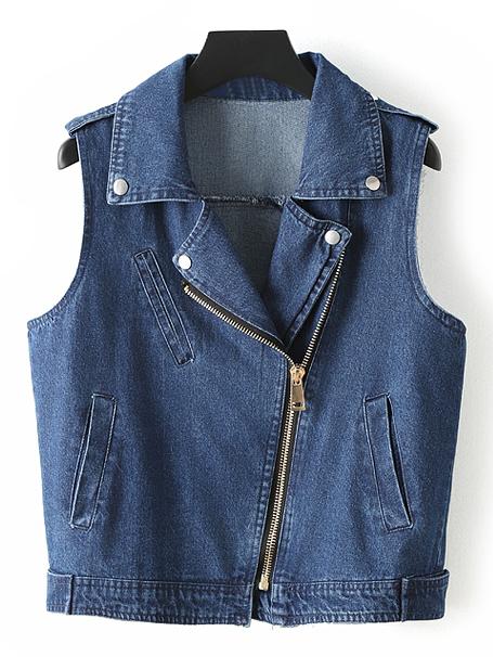 Shein Blue Sleeveless Lapel Pockets Oblique Zipper Denim Jacket