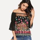 Shein Bell Sleeve Embroidered Bardot Top