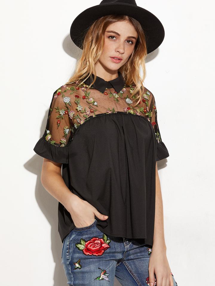 Shein Embroidered Sheer Mesh Insert Tie Back Top