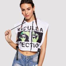 Shein Graphic Print Drawstring Hooded Crop Tee
