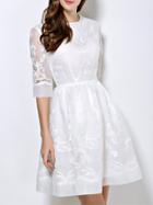 Shein White Gauze Embroidered Hollow A-line Dress
