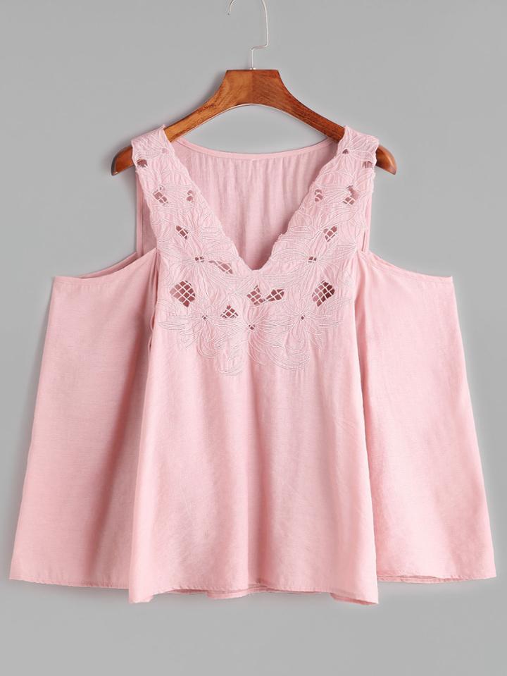 Shein Pink Open Shoulder Embroidered Top