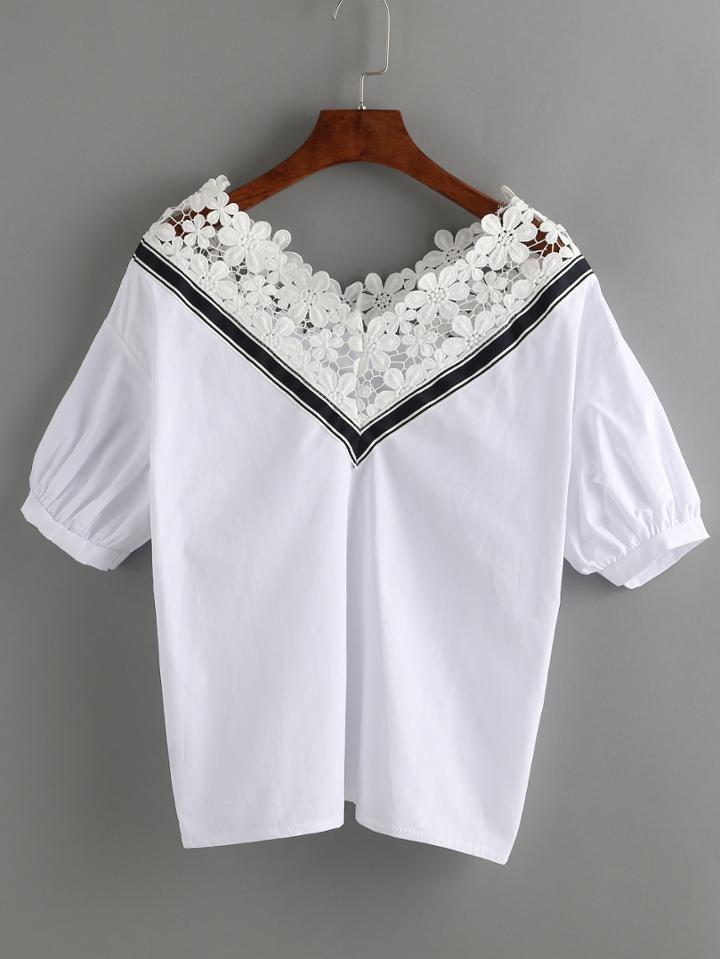 Shein Crochet Trimmed Black V Neck Puff Sleeve Top