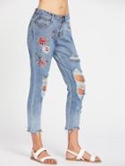Shein Embroidery Ripped Raw Hem Cropped Jeans