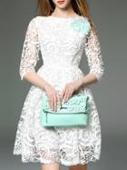 Shein White Crochet Hollow Out Flower A-line Dress
