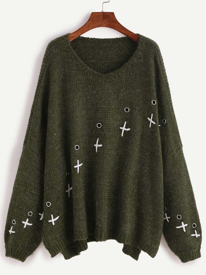 Shein Army Green Drop Shoulder Metal Eyelet Sweater