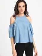 Shein Open Shoulder Layered Sleeve Chambray Top