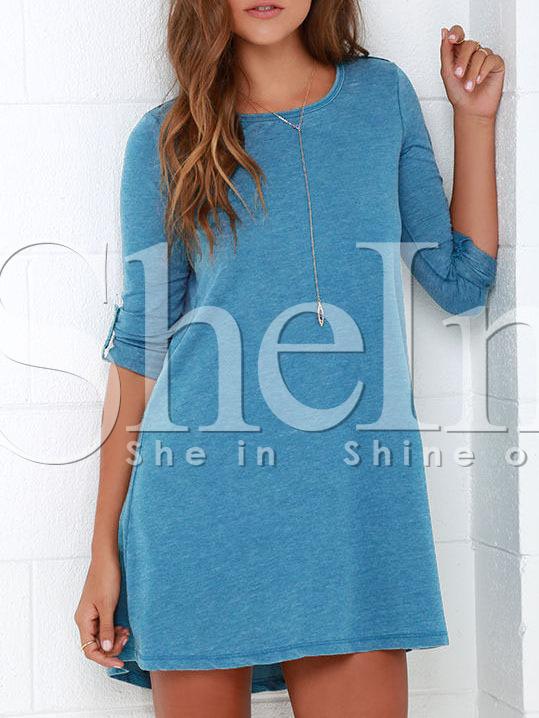 Shein Blue Concert Textured Long Sleeve Casual Dress