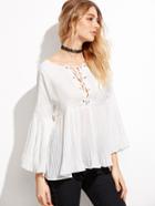 Shein White Lace Up Bell Sleeve Pleated Babydoll Blouse