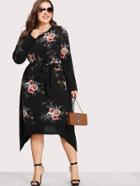 Shein Floral Print Asymmetrical Hem Dress With Belt