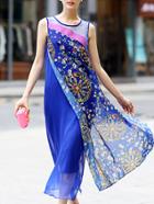 Shein Blue Round Neck Sleeveless Print Dress