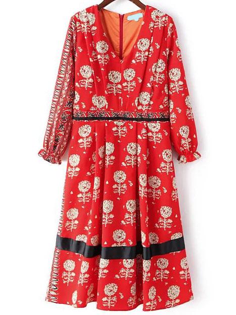 Shein Red V Neck Dandelion Print Dress