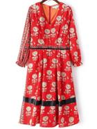 Shein Red V Neck Dandelion Print Dress