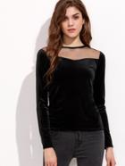 Shein Black Mesh Insert Zipper Back Velvet T-shirt
