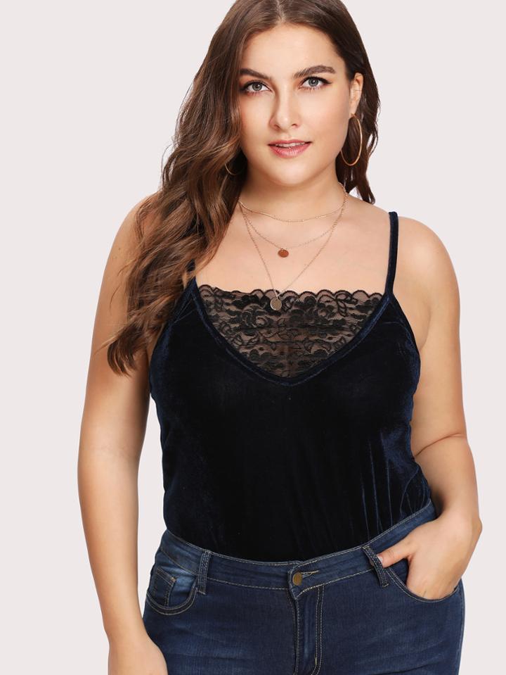 Shein Contrast Lace Velvet Cami Bodysuit