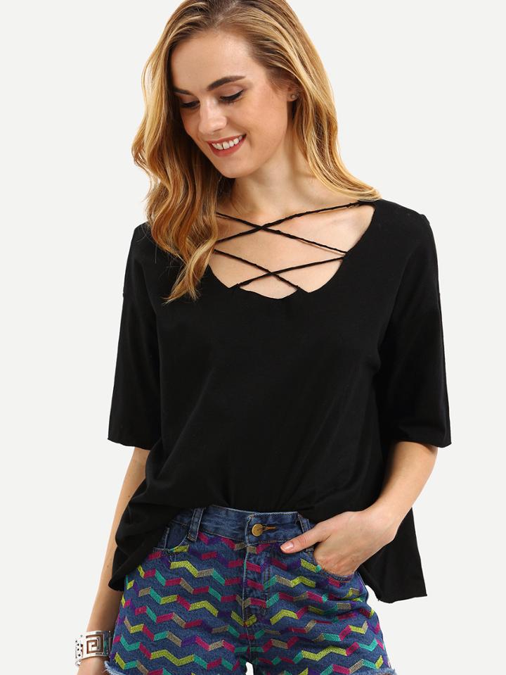Shein Black Lattice Front Loose T-shirt