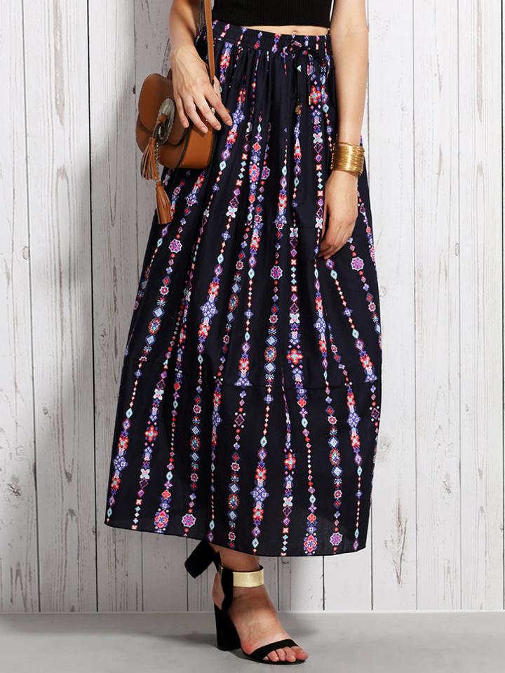 Shein Navy Tribal Print Drawstring A-line Skirt