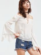 Shein Beige Off The Shoulder Contrast Lace Hem Lattice Top