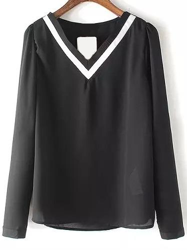 Shein Black V Neck Long Sleeve Chiffon Blouse