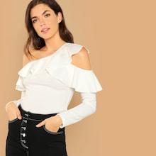 Shein Ruffle Detail Asymmetrical Neck Solid Tee