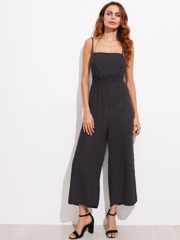 Shein Polka Dot Lace Up Backless Jumpsuit