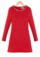Rosewe Bejeweled Round Neck Long Sleeve Mini Dress Red