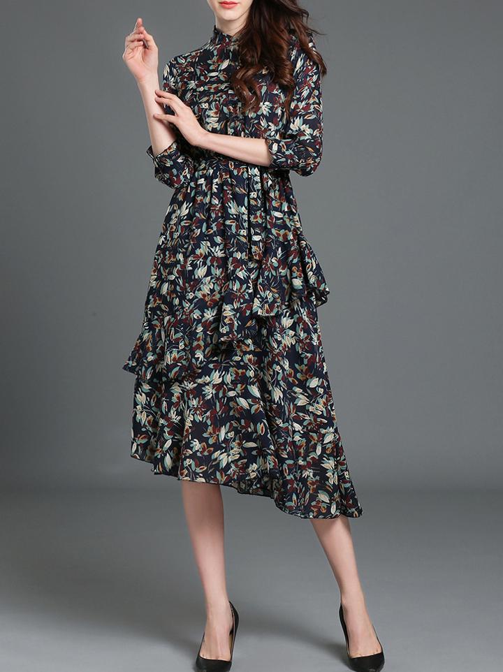 Shein Navy Tie-waist Ruffle Print Asymmetric Dress