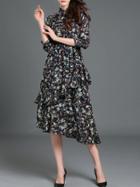 Shein Navy Tie-waist Ruffle Print Asymmetric Dress