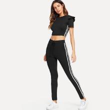 Shein Striped Tape Side Ruffle Trim Top With Pants