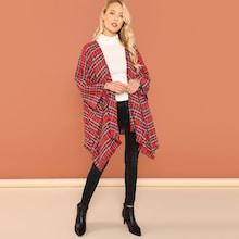 Shein Raw Hem Plaid Print Coat