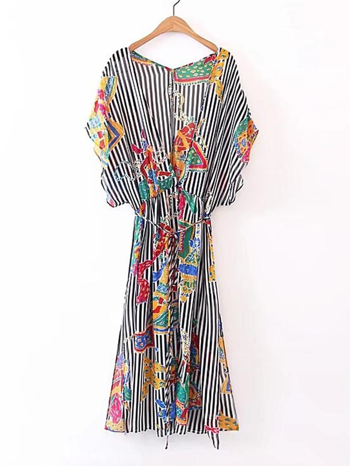 Shein Plunging Contrast Striped Dress With Self Tie