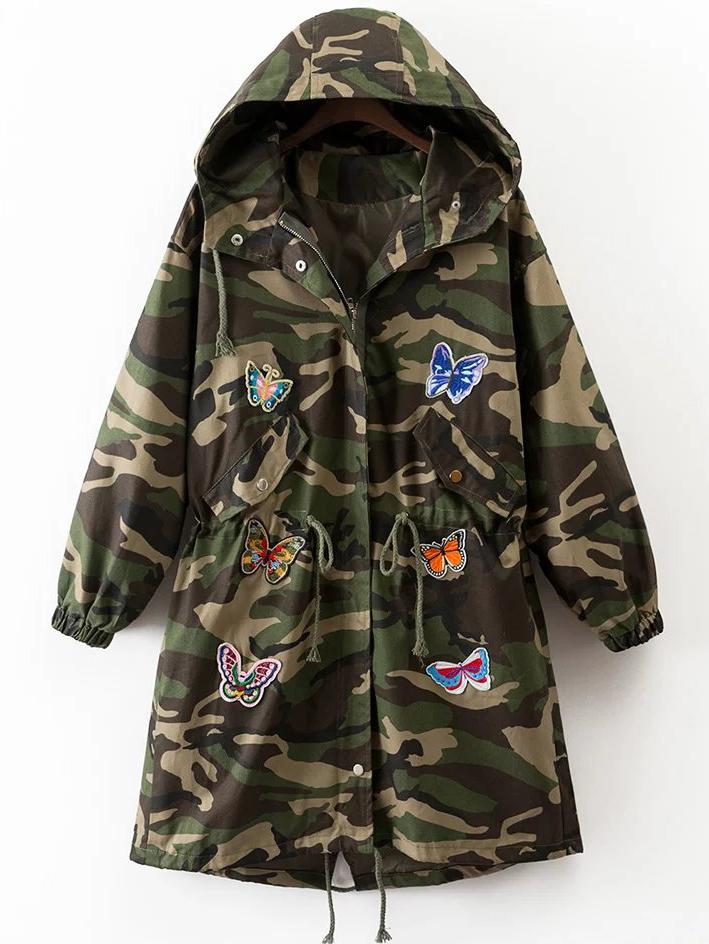 Shein Army Green Butterfly Embroidery Drawstring Camouflage Hooded Coat