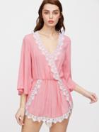 Shein Pink Contrast Lace Surplice Front Romper