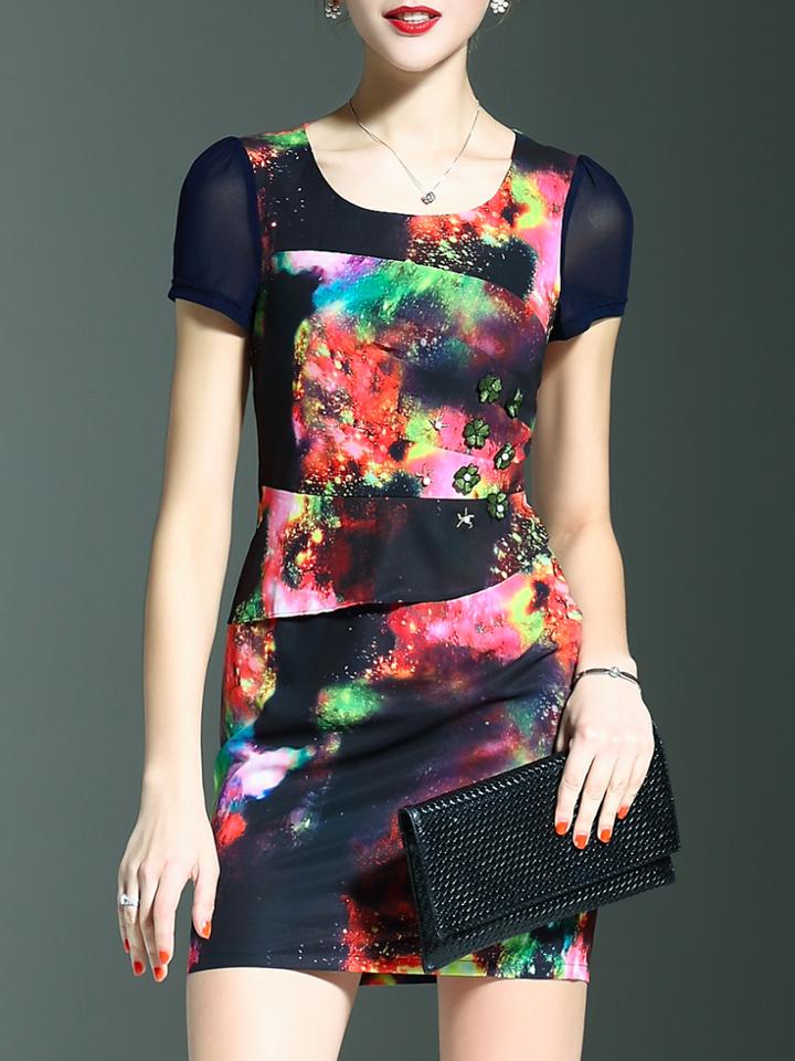 Shein Black Galaxy Print Beading Sheath Dress