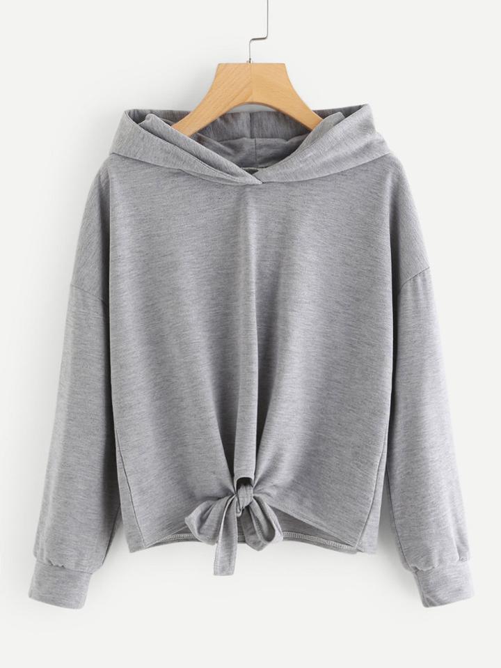 Shein Drop Shoulder Knotted Hem Marled Hoodie