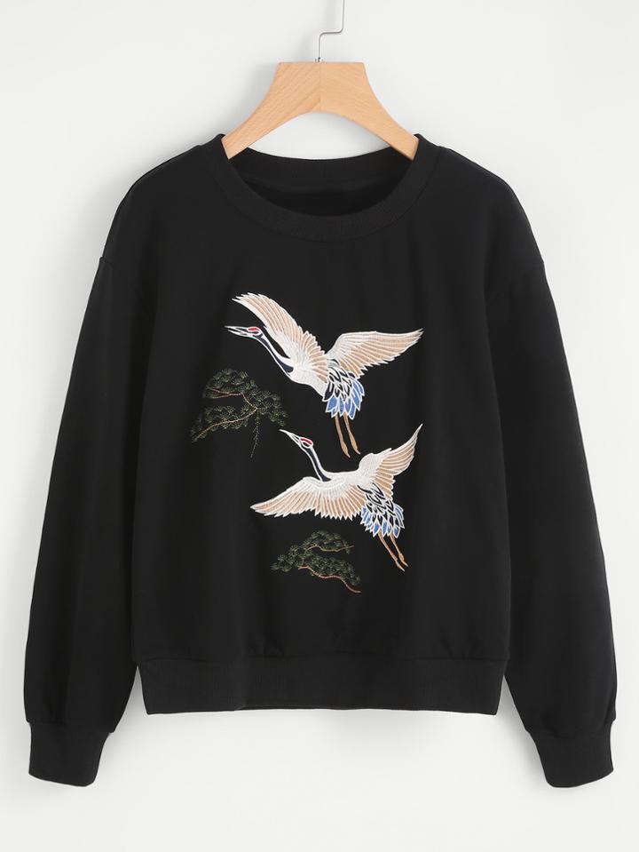Shein Crane Bird Embroidered Pullover