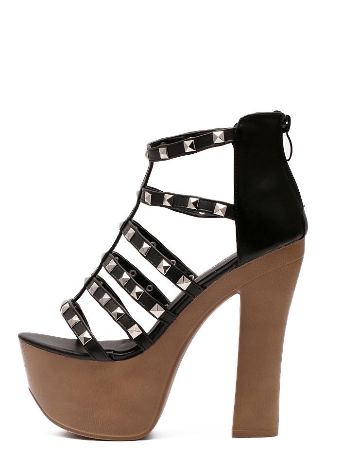 Shein Black Peep Toe Studded Platform Chunky Pumps