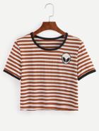Shein Multicolor Striped Saucerman Embroidered Short Sleeve T-shirt