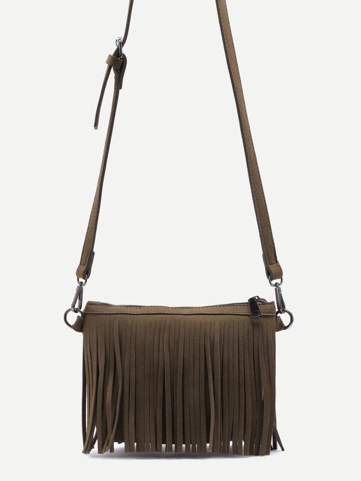 Shein Green Nubuck Leather Fringe Zip Closure Crossbody Bag