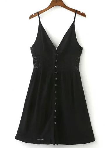Shein Black V Neck Spaghetti Strap Buttons Dress