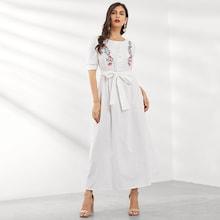 Shein Flower Embroidered Ruffle Detail Belted Dress