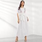 Shein Flower Embroidered Ruffle Detail Belted Dress