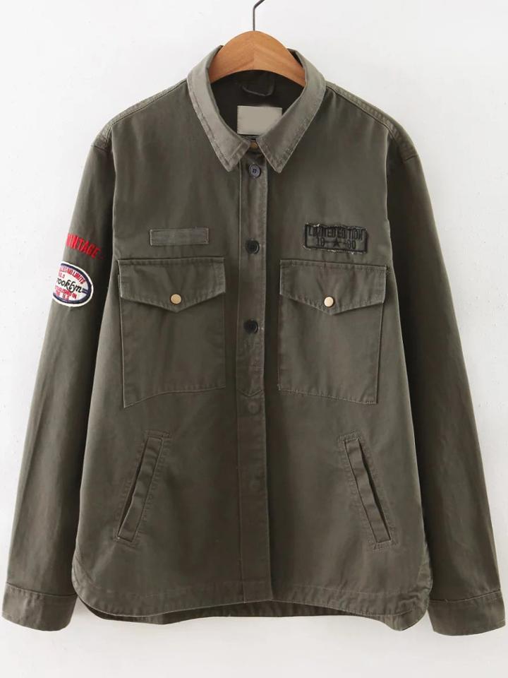 Shein Army Green Letter Print Patch Coat With Pockets