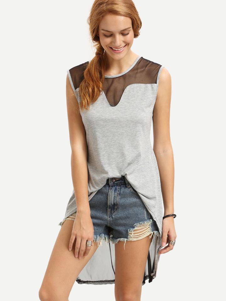 Shein Grey Contrast Sheer Mesh High Low Tank Top