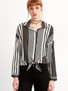 Shein Vertical Striped Drop Shoulder Knot Black And White Blouse