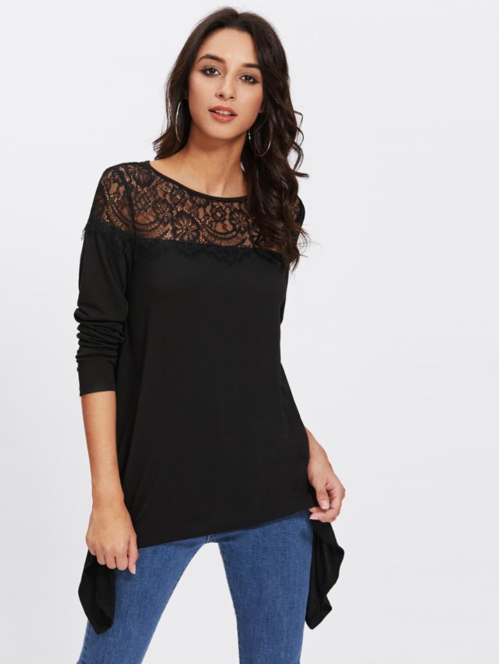 Shein Lace Yoke Hanky Hem Tee