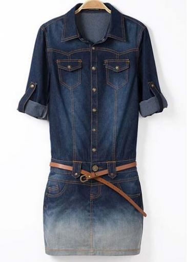 Rosewe Chic Three Quarter Sleeve Turndown Collar Denim Dress