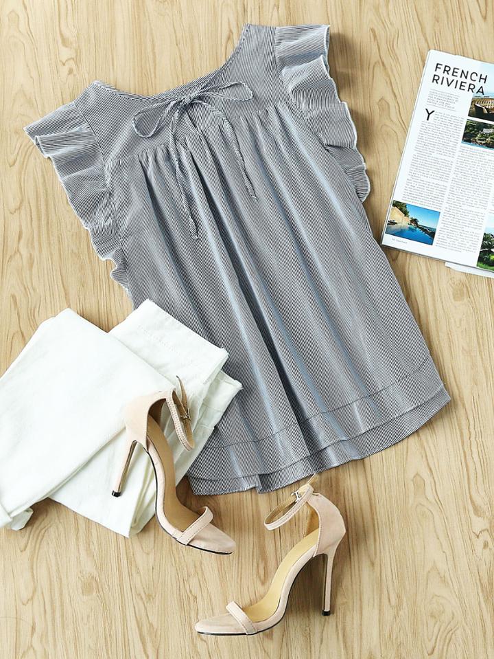 Shein Frill Cap Sleeve Keyhole Tie Neck Striped Top