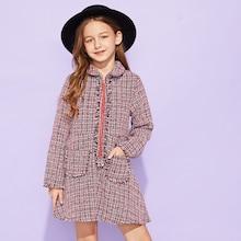 Shein Girls Zip Front Frayed Trim Tweed Dress