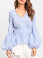 Shein Lantern Sleeve Pearl Beaded Neck Peplum Blouse